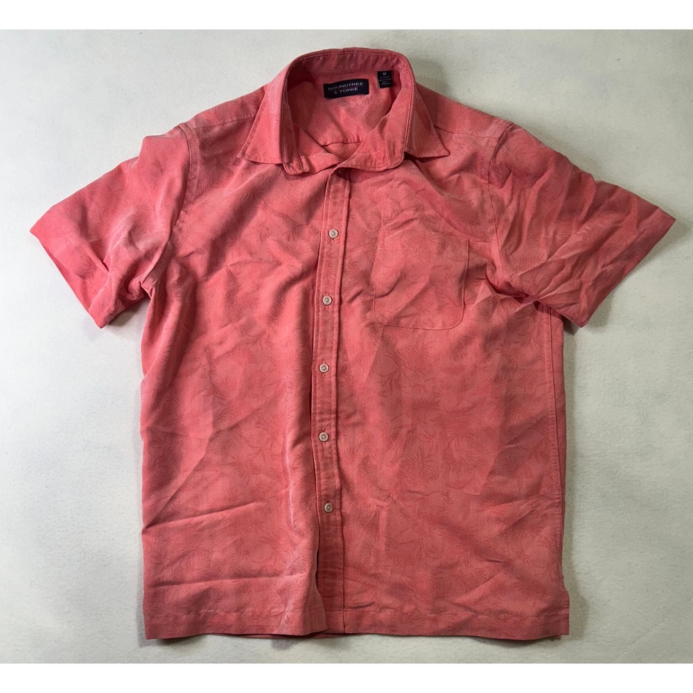 Roundtree & Yorke Mens Medium Salmon Pink Tropical Palm Modal Blend Button Shirt